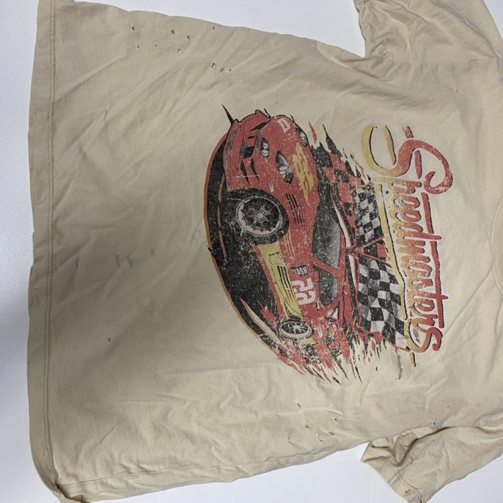 Forever 21 cream & tan t-shirt with red race car graphic and 'Speedmasters' text